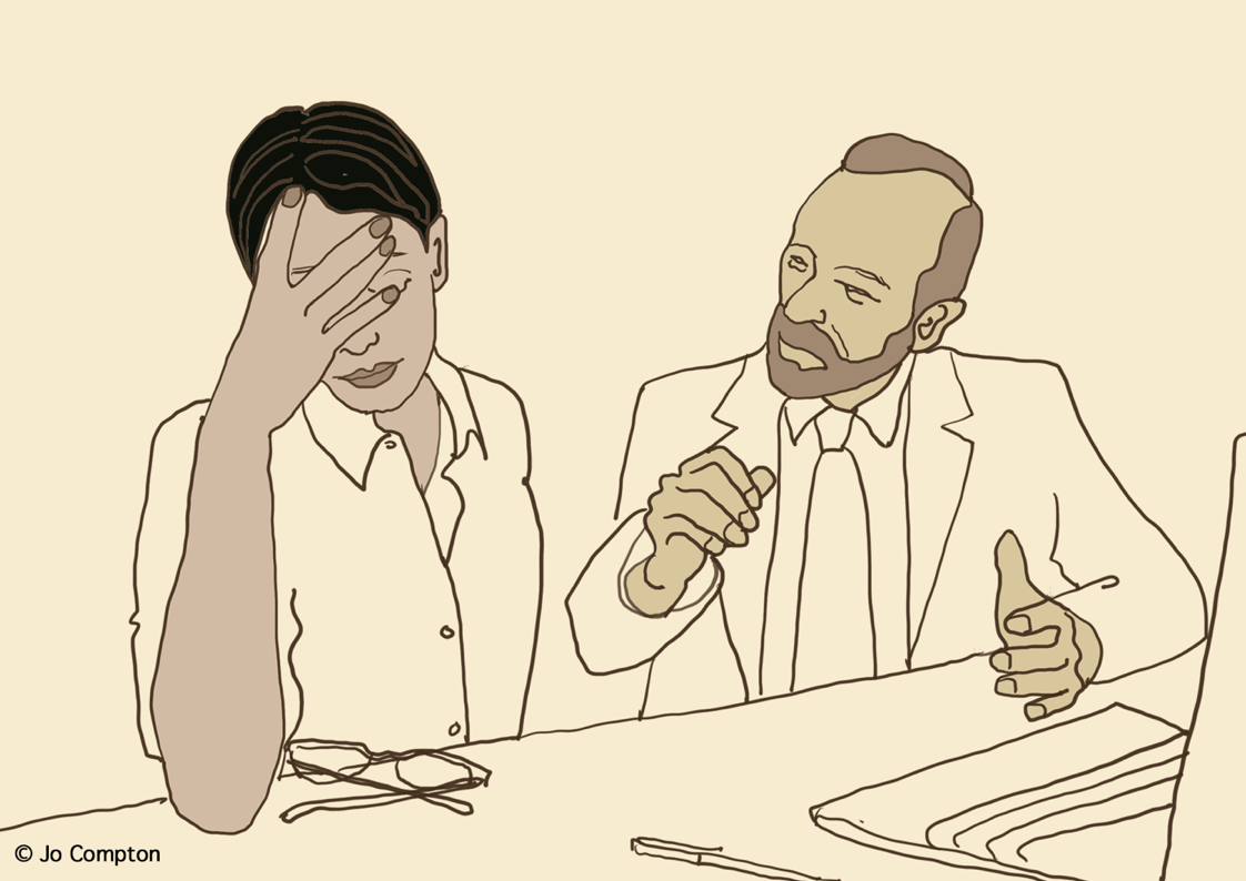 A line drawing of two people having a serious conversation at a table, one with hand on face looking down and the other holding a pen, gesturing as if explaining.