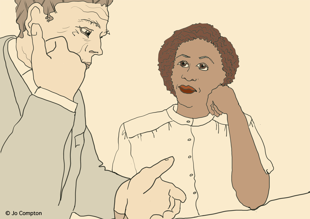 A man and a woman are engaged in a conversation. The man is listening intently, resting his chin on his hand with his eyes focused on the woman. The woman is speaking, with her hand resting on her chin, looking slightly to the side. Both appear to be deep in thought.