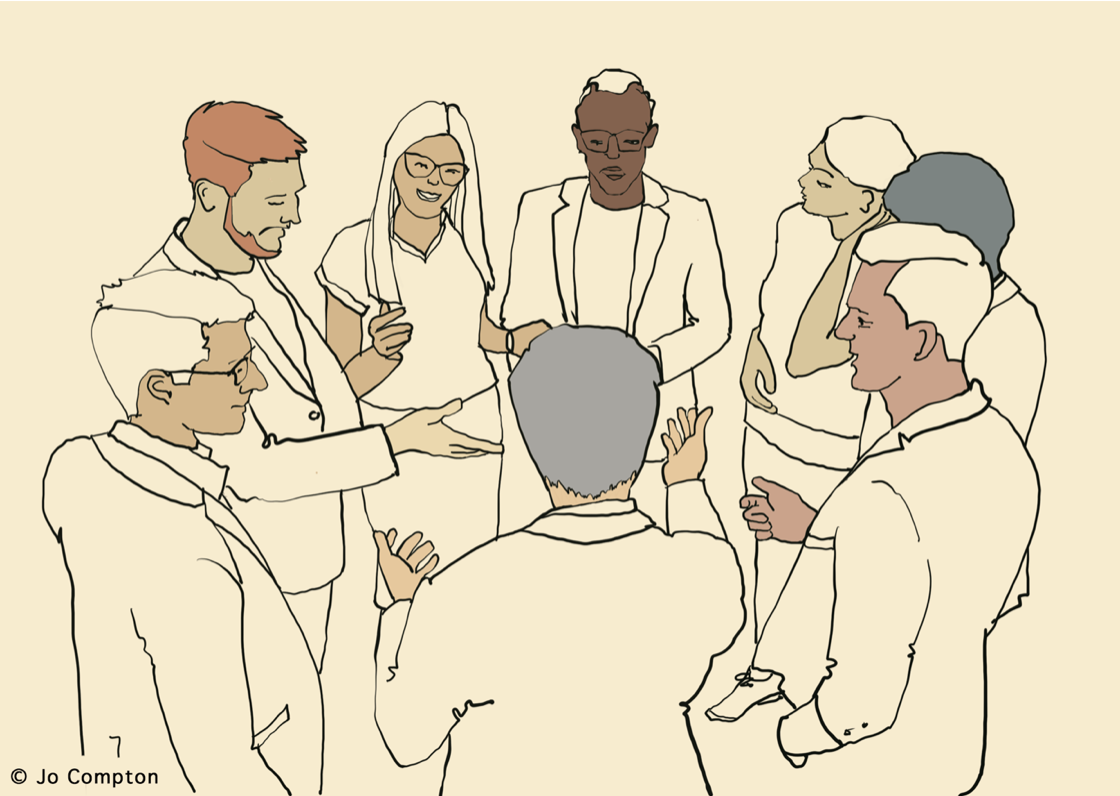 A diverse group of eight people gathered in a circle, engaged in a discussion or meeting, with some gesturing and others listening carefully.