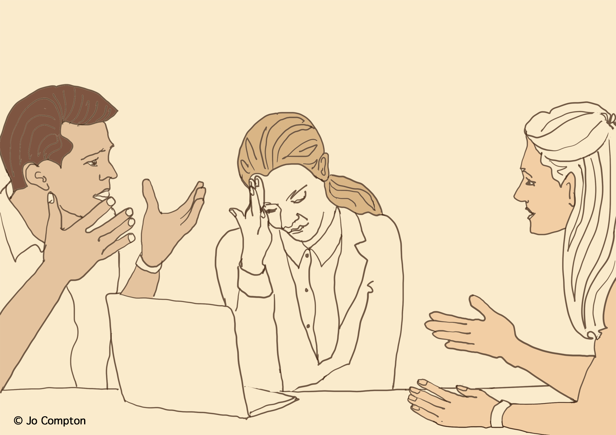 Line drawing of three women engaged in a conversation around a laptop, with one woman using her hands to emphasize her point.