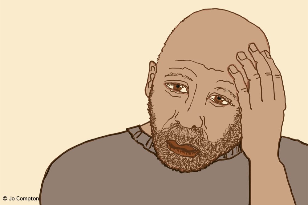 A digital illustration of a man with a beard and a bald head, resting his head on one hand, with a neutral background.