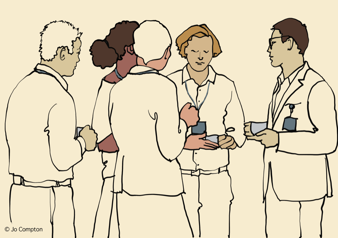 Illustration of five medical professionals, four men and one woman, engaged in conversation, all dressed in white coats.