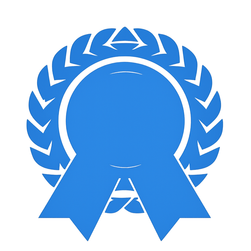 Blue award ribbon with laurel wreath design.