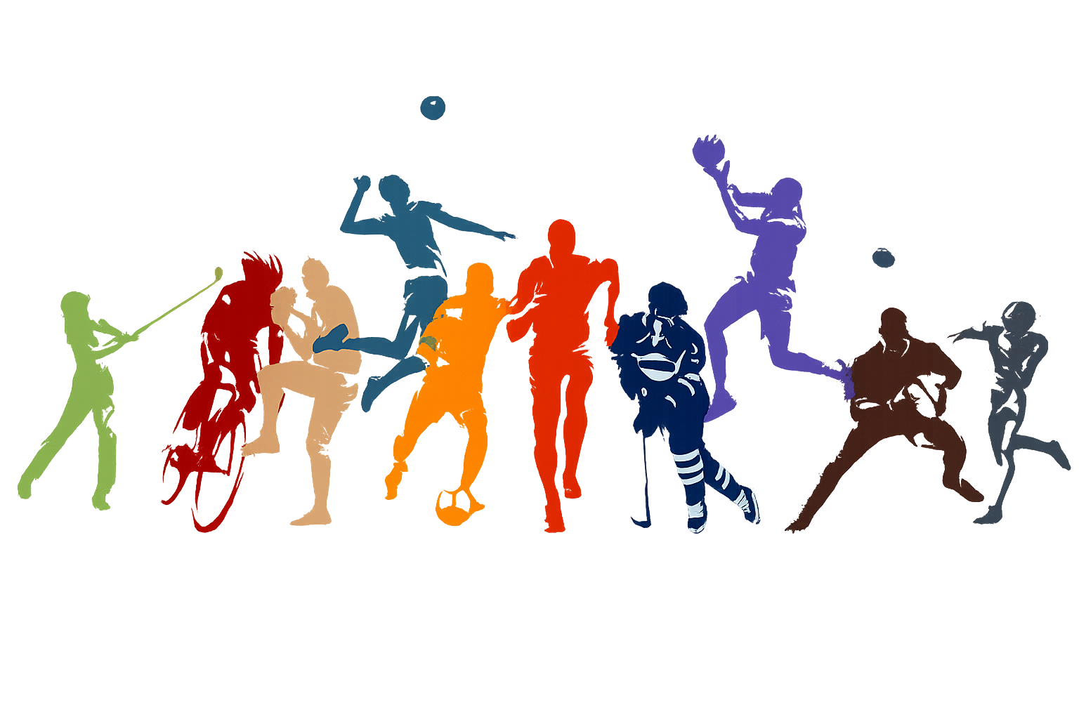 Silhouettes of athletes from various sports swinging, jumping, running, and catching with colorful lighting effects.