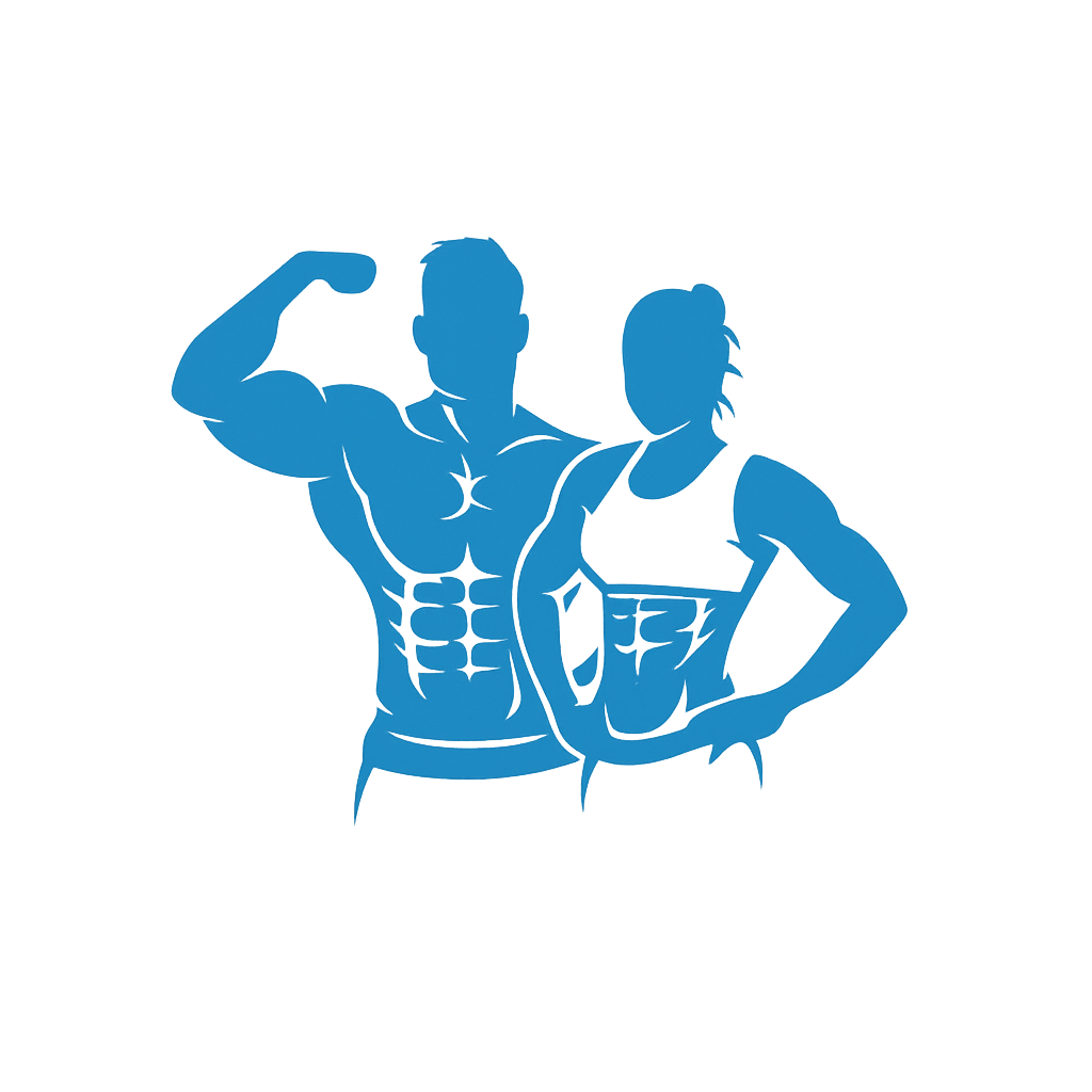 Silhouette of a muscular man flexing his arm and a muscular woman standing with hands on hips, both depicted in blue on a black background.