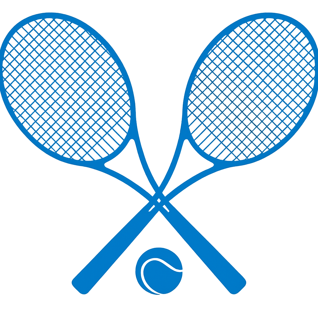 Two tennis rackets crossed with a tennis ball in front of them.