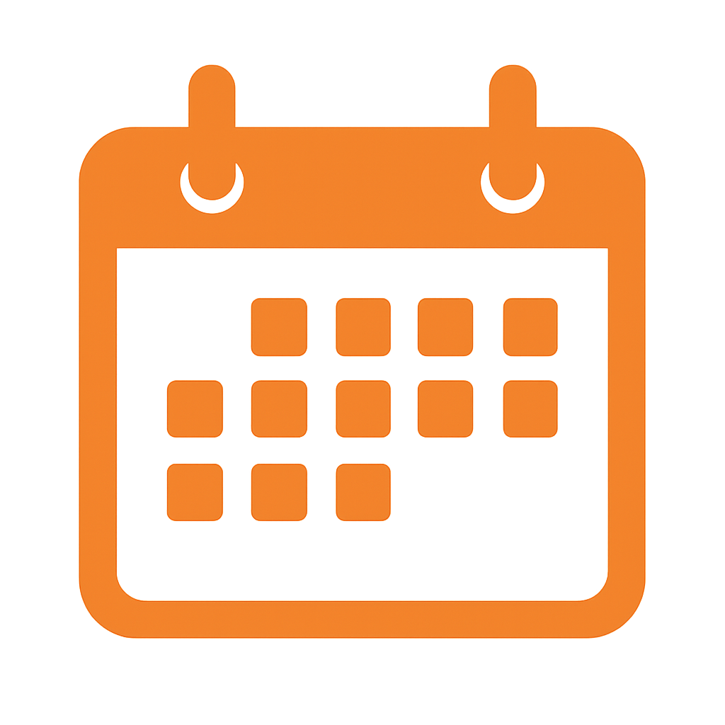 Icon of a calendar in orange with a grid of squares representing days.