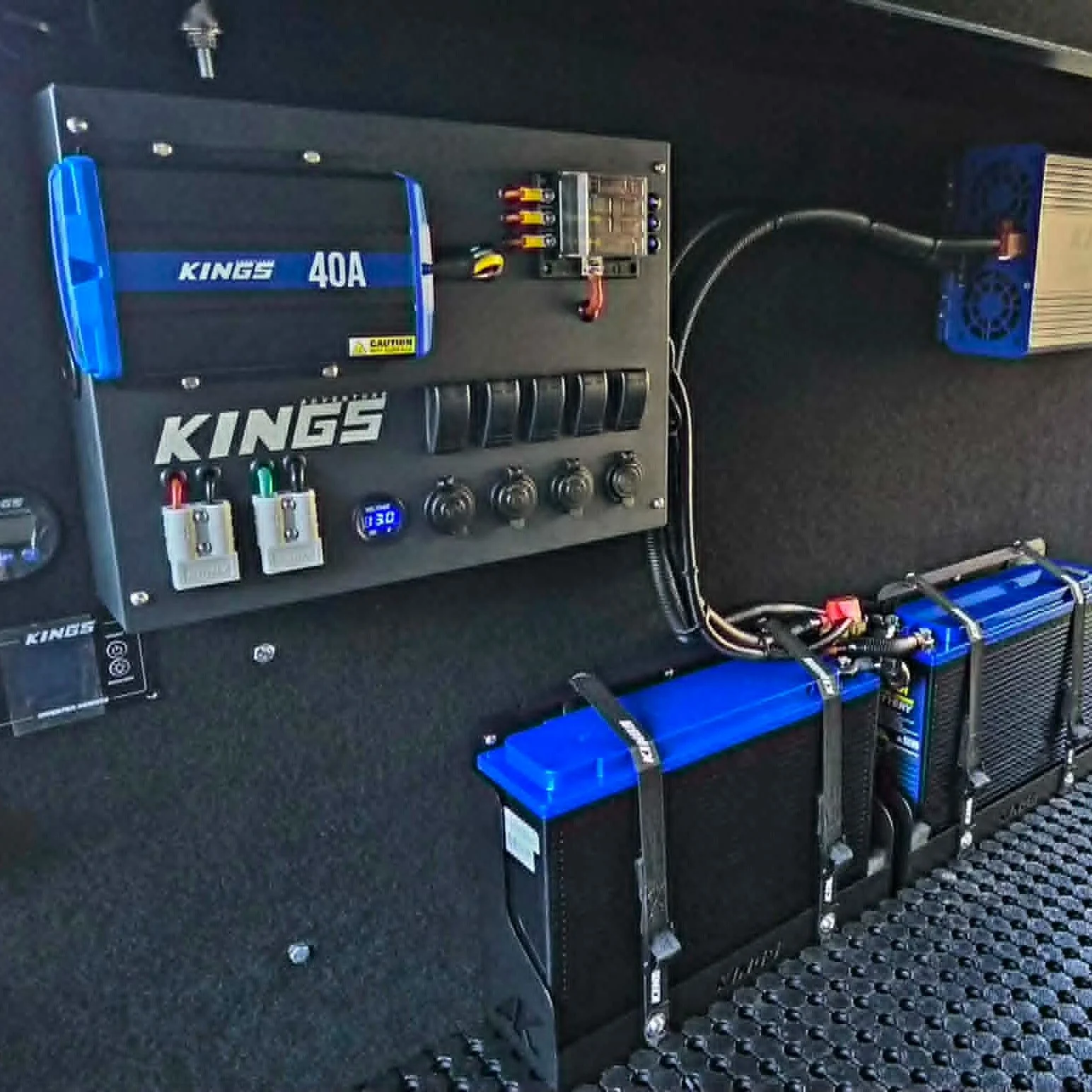 Kings install into a New Gen Ranger, We made up a front wall to mount the system to and carpeted in black which makes it look the part. 2 x 100ah Slimline batteries were used to get 200ah of power but keeping the system as narrow as possible, matched