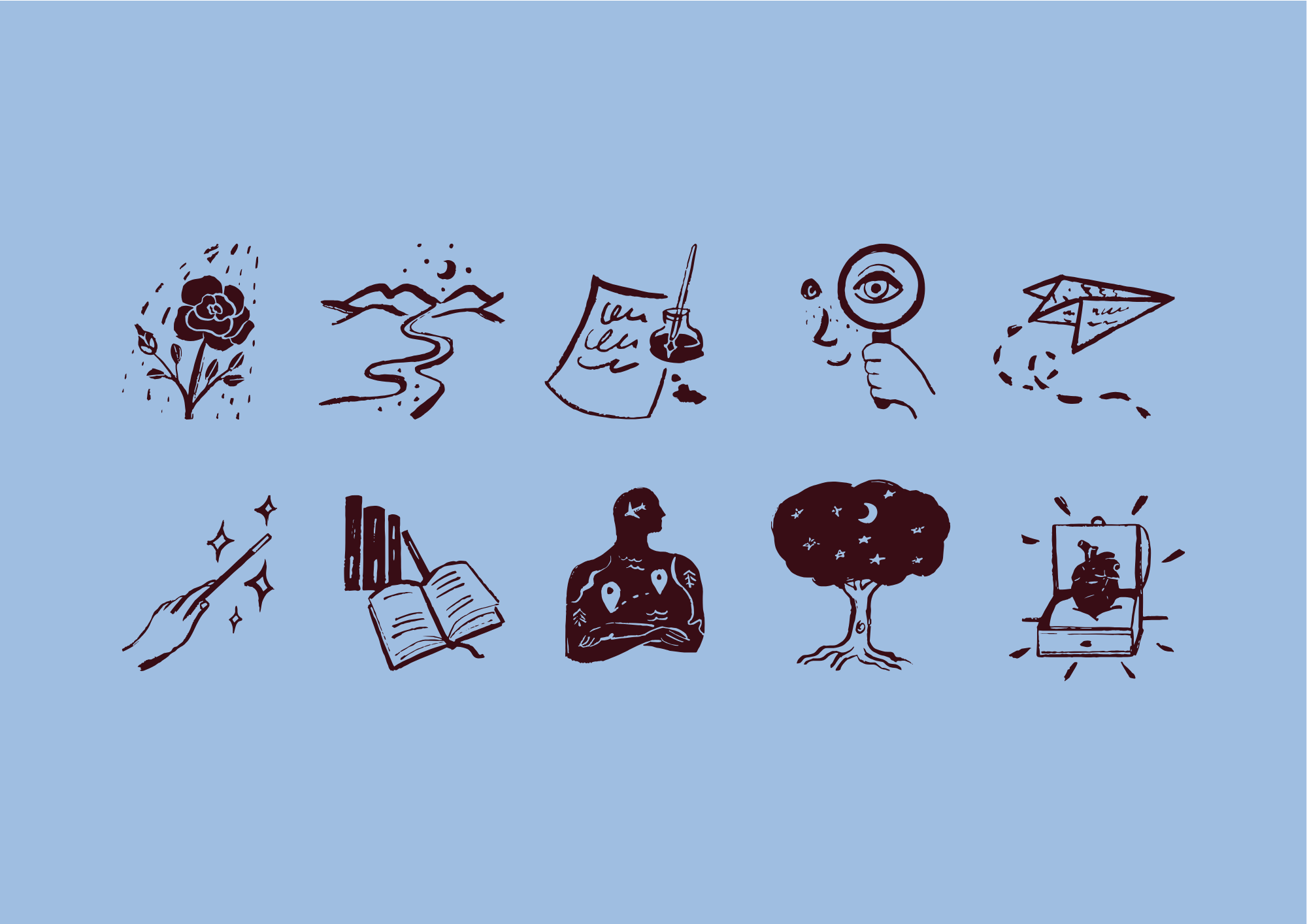 Un set di 10 illustrazioni ispirate ai concetti principali su cui lavorare con la biblioterapia