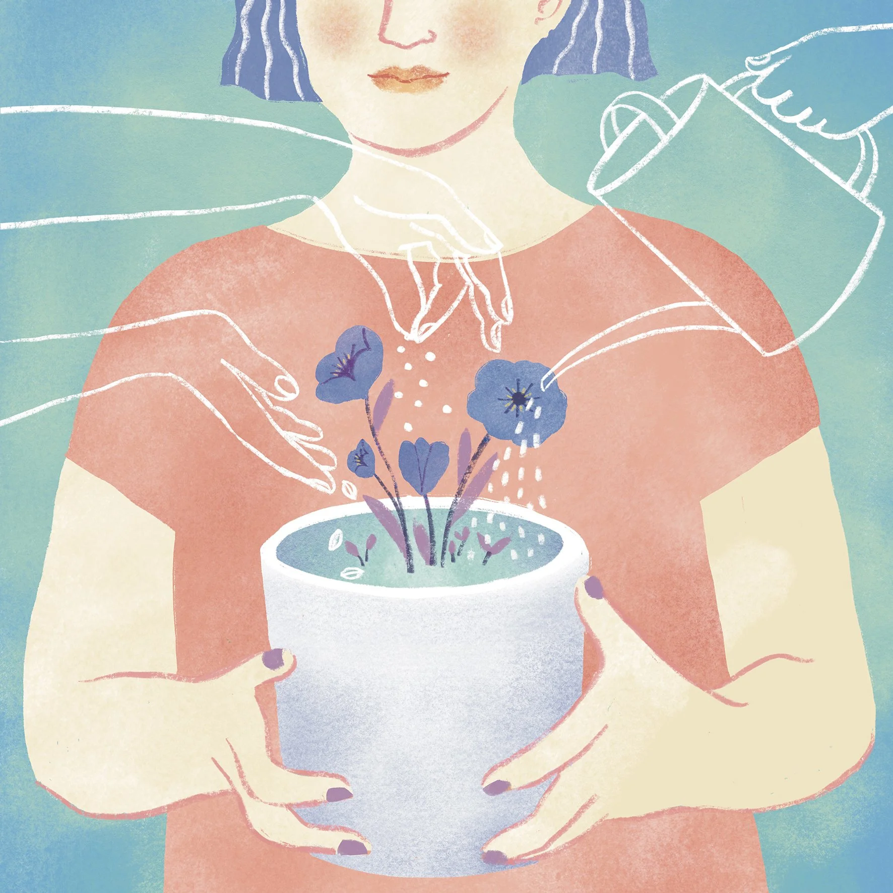 Illustrazione stilizzata di una donna che pianta un fiore in un vaso con una mano e lo annaffia con l'altra, circondata da linee disegnate di mani che lo curano