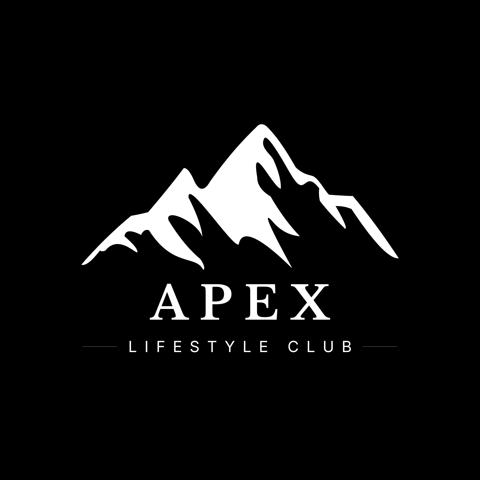Black and white logo of a mountain range with the text "APEX Lifestyle Club" underneath.