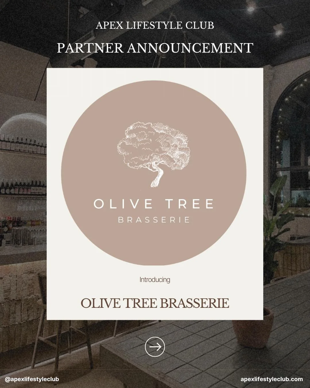 We are pleased to announce @olivetreebrasserie as an official Apex Lifestyle Club partner.

Apex Core members will receive 25% off food Monday to Thursday from the A La Carte menu across Olive Tree Brasserie locations in Chester, Lytham, Stockton Hea