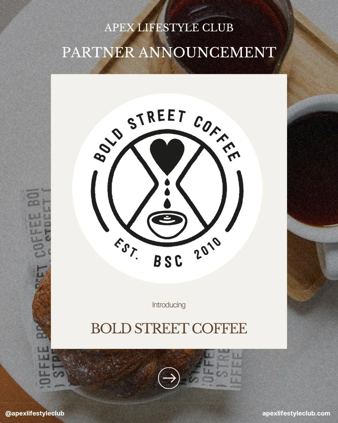 We&rsquo;re excited to announce Bold Street Coffee as an official Apex Lifestyle Club partner.

Apex members will receive 10% off food and drink Tuesday to Thursday across Bold Street Coffee locations.

Known for quality coffee, great food and relaxe