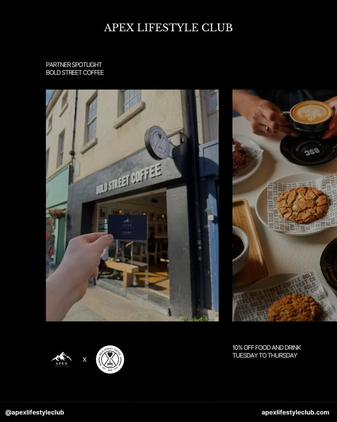 Partner Spotlight: Bold Street Coffee

Exceptional coffee. Exclusive member benefits.

Apex Core members receive 10% off food and drink Tuesday to Thursday at Bold Street Coffee.

This visit generated a member saving of &pound;0.95 through the Apex C