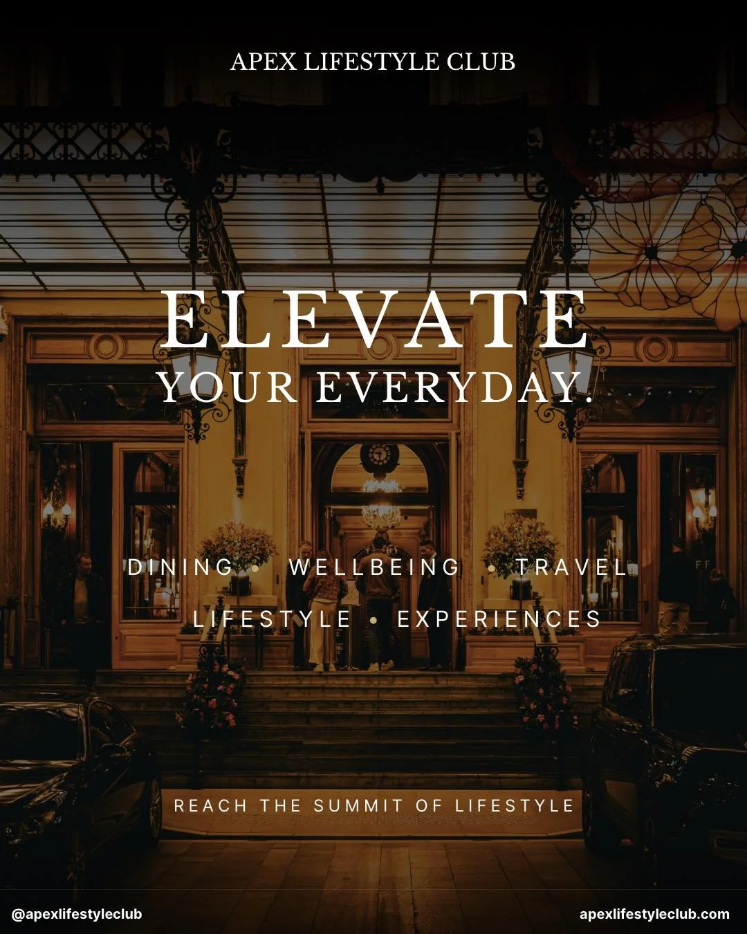 Elevate your everyday. 🏔️

From exceptional dining and wellbeing to travel, lifestyle and unforgettable experiences, Apex Lifestyle Club brings together exclusive benefits designed to make more of the things you enjoy.

Discover a membership that go