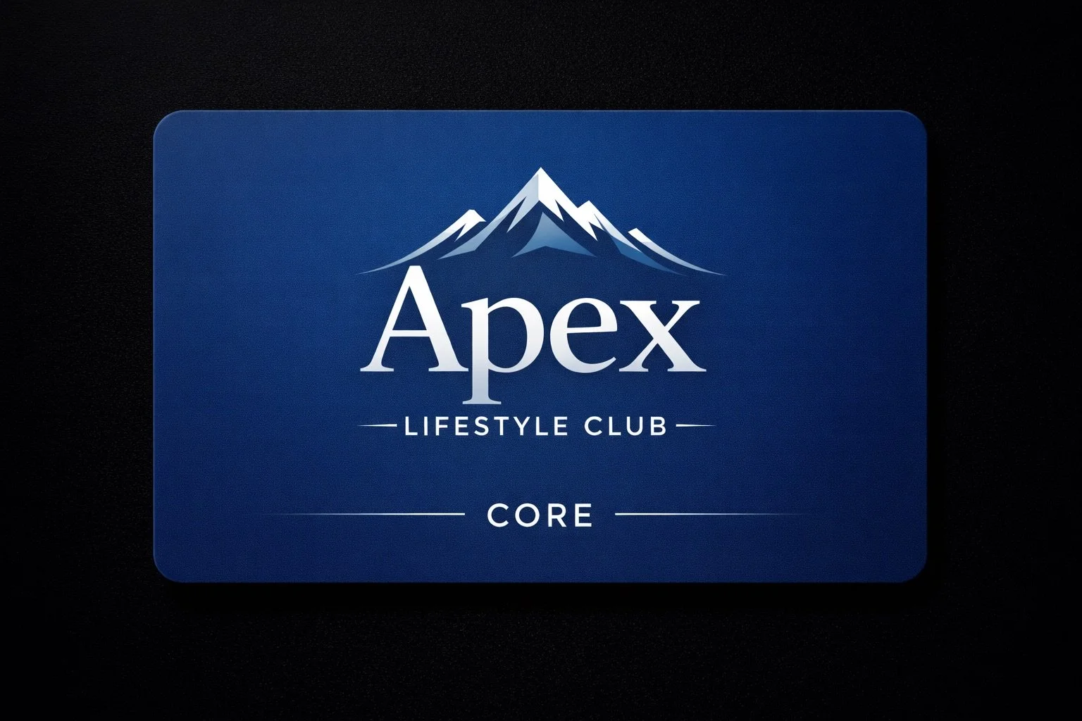 A blue membership card for Apex Lifestyle Club with a mountain graphic and the words 'Apex Lifestyle Club' and 'Core' printed on it.