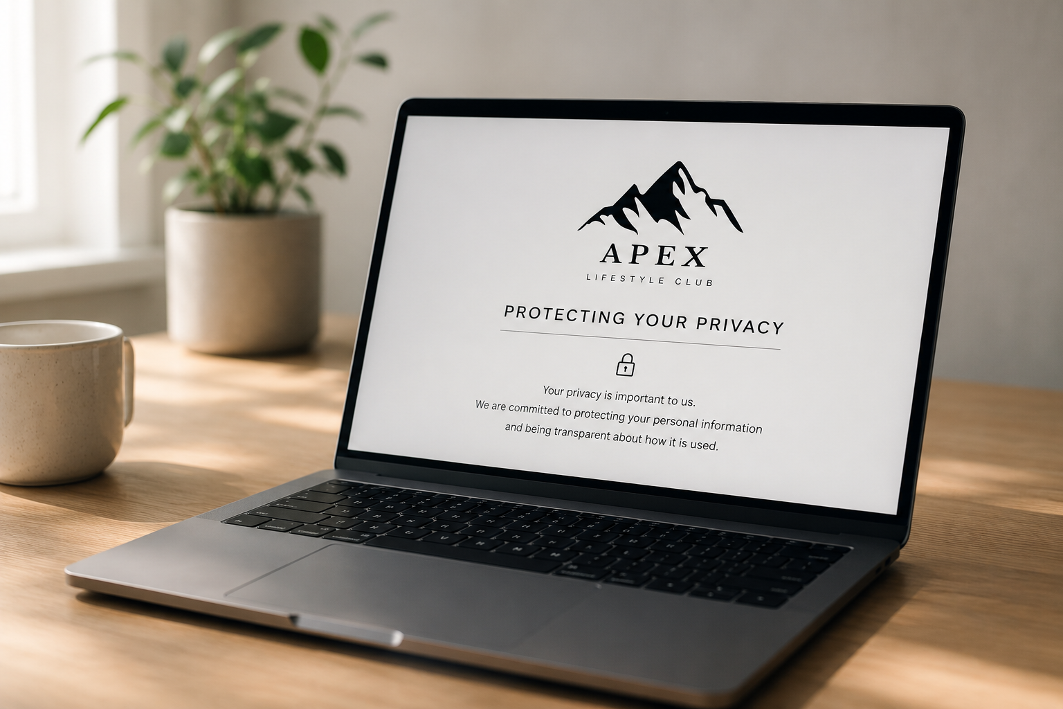 Laptop displaying a privacy policy page with the title 'Apex Lifestyle Club' and a mountain logo, on a wooden table with a potted plant and a coffee mug nearby.