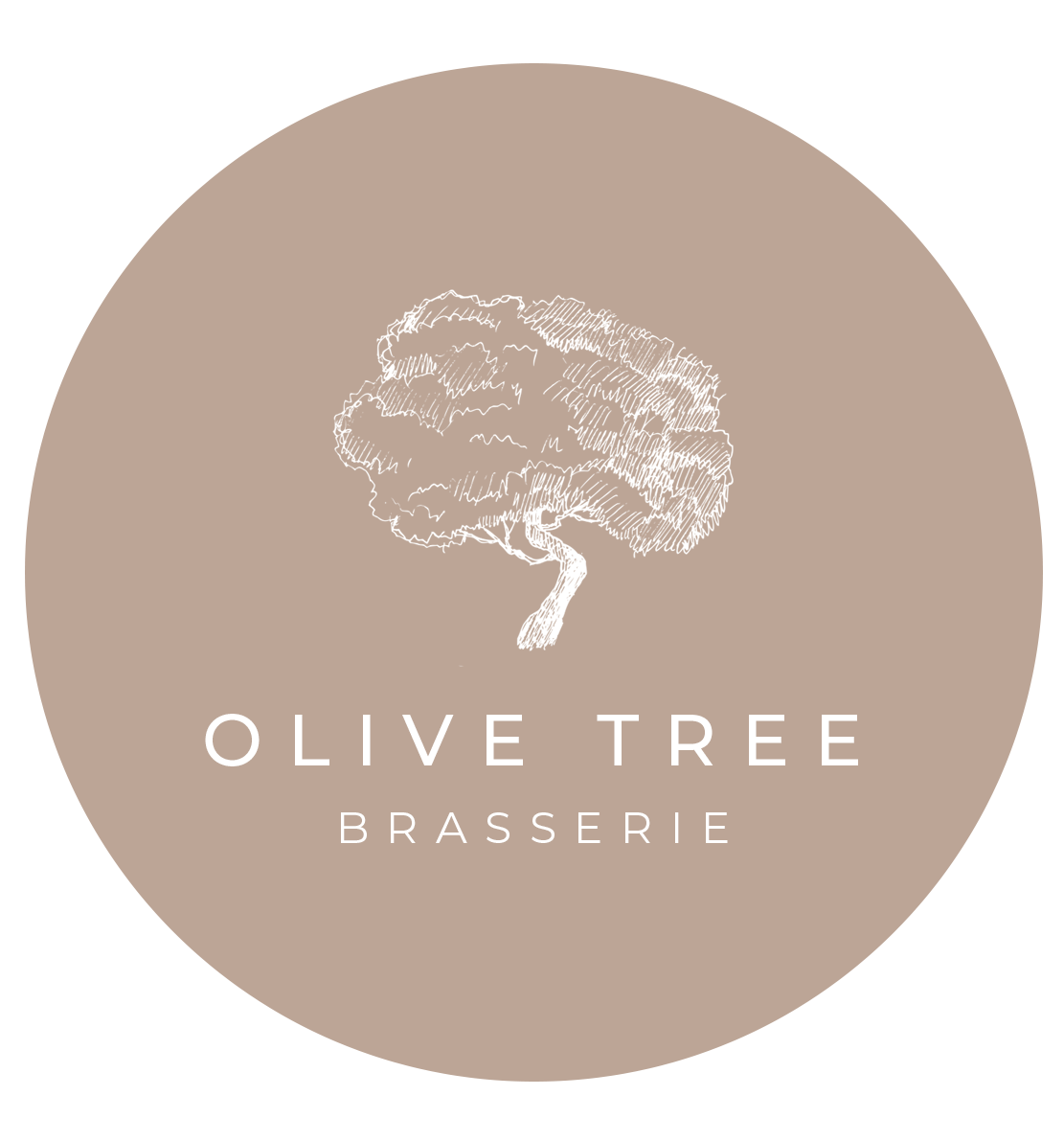 Circular logo with a line drawing of an olive tree and the text 'OLIVE TREE BRASSERIE' on a beige background.