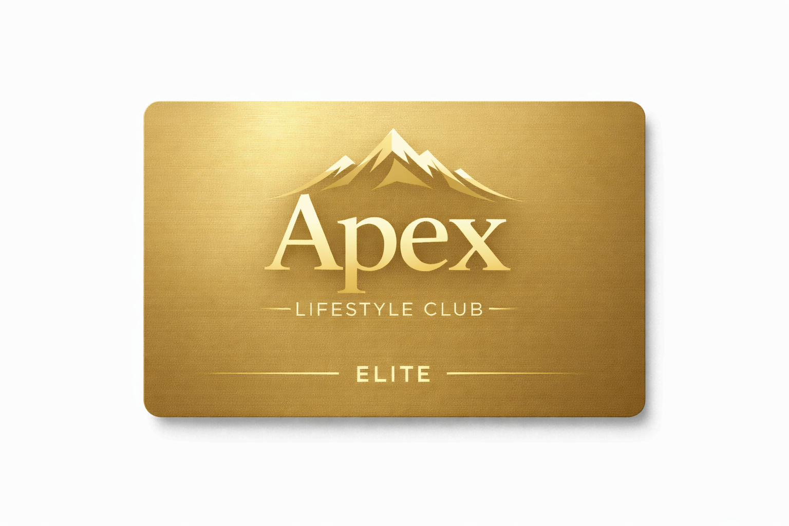 A gold-colored card with the logo and text for Apex Lifestyle Club Elite, featuring a mountain graphic and elegant font.
