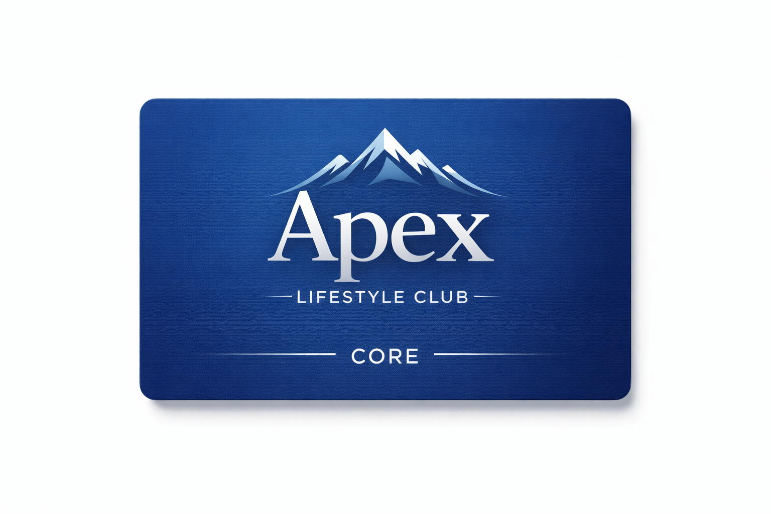 Blue membership card with mountain logo, text 'Apex Lifestyle Club', and 'Core' written below.