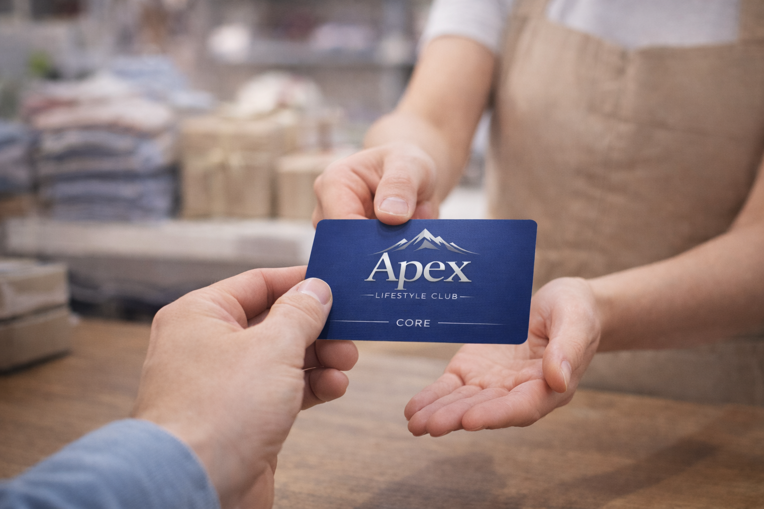 Close-up of a hand holding a blue Apex Lifestyle Club card labeled 'Core', as it is handed to a person behind a counter.