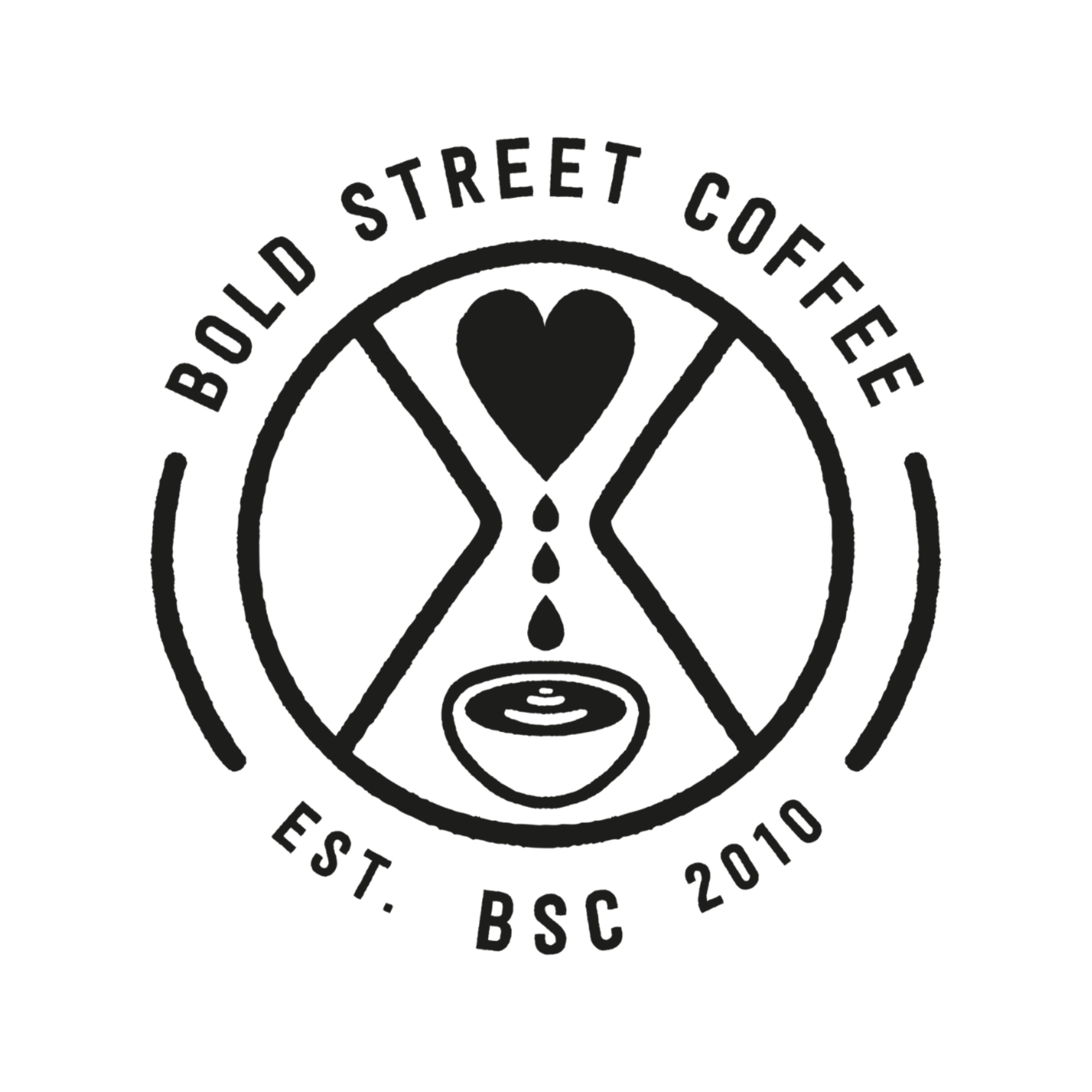 Black and white circular logo with a central heart design and text around the circle reading 'BOLD STREET COFFEE'.