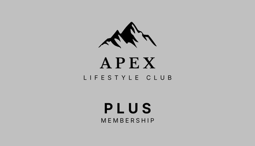 Logo for Apex Lifestyle Club with mountains and the words 'APEX Lifestyle Club PLUS Membership' on a gray background.