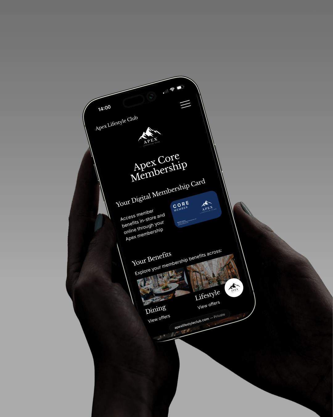 A person holding a smartphone displaying a digital card for Apex Core Membership from Apex Lifestyle Club on a black background.