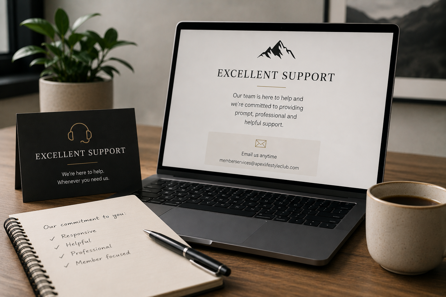Laptop displaying support information, a black desk sign with support details, a notepad with a checklist of support commitments, a pen, a coffee mug, and a green plant in a beige pot on a wooden desk
