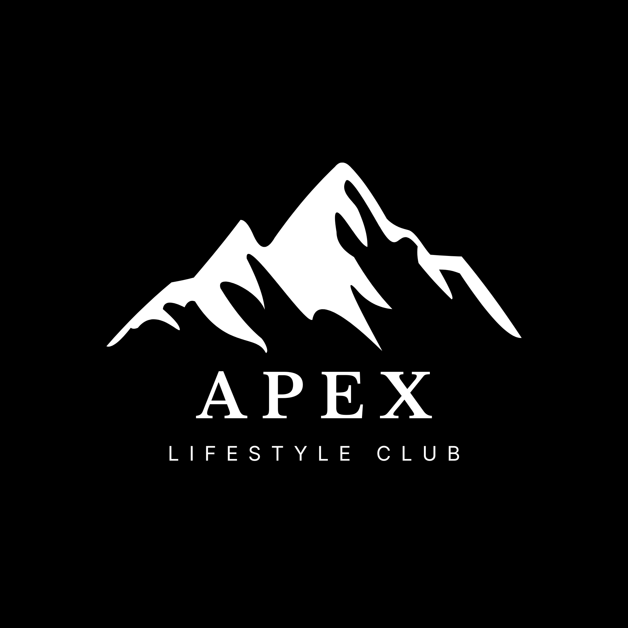 Black and white logo featuring a mountain graphic with the words 'APEX LIFESTYLE CLUB' beneath.
