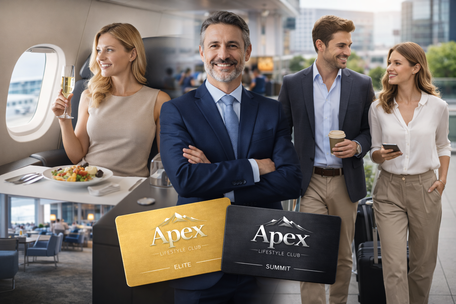 Four business professionals with luggage on an airplane, celebrating with drinks. Two men in suits, one woman in a dress, and one woman in a blouse and trousers. Promotional cards for Apex Lifestyle Club, Elite and Summit, are in the foreground.