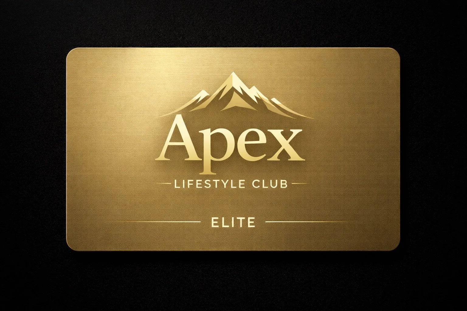 A gold membership card for Apex Lifestyle Club, Elite tier, with a mountain logo above the word 'Apex' on a black background.