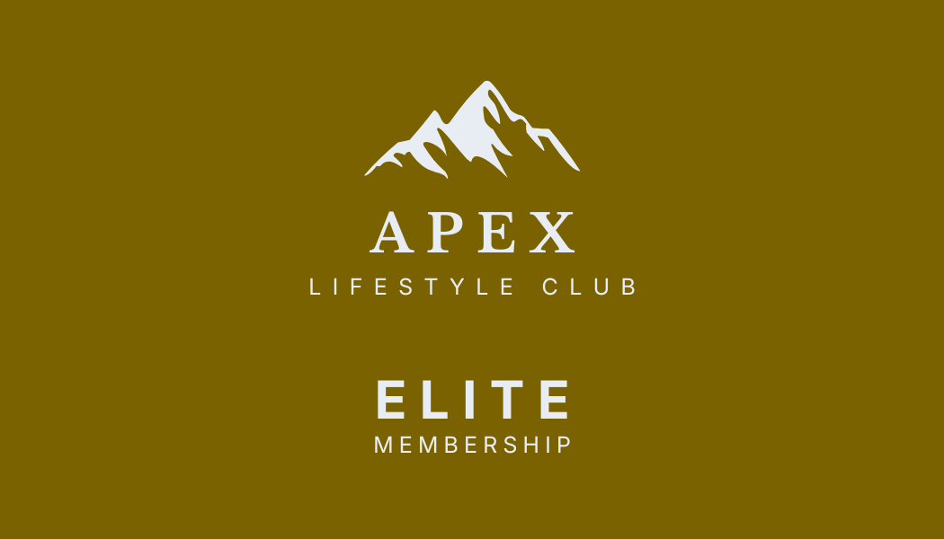Logo for Apex Lifestyle Club, featuring a mountain graphic above the word 'APEX'. Underneath, it says 'LIFESTYLE CLUB' and 'ELITE MEMBERSHIP' on a brown background.