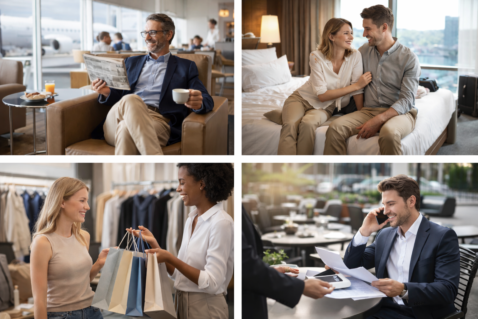 Collage of four images showing different scenes: an older man reading a newspaper and drinking coffee at airport lounge, a young couple sitting on a hotel bed smiling at each other, two women shopping and exchanging shopping bags in a store, and a man in a business suit talking on the phone while sitting outdoors.