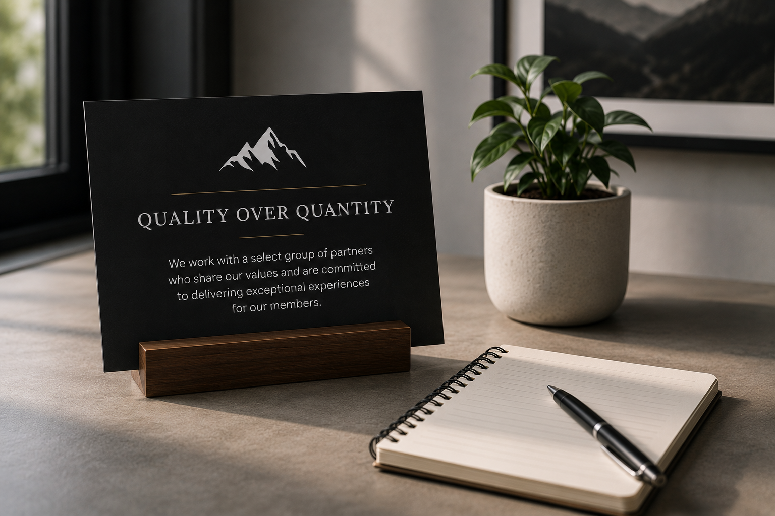 A desk with a sign that reads "Quality Over Quantity" and a description, alongside an open notebook with a pen, and a potted green plant, near a window.