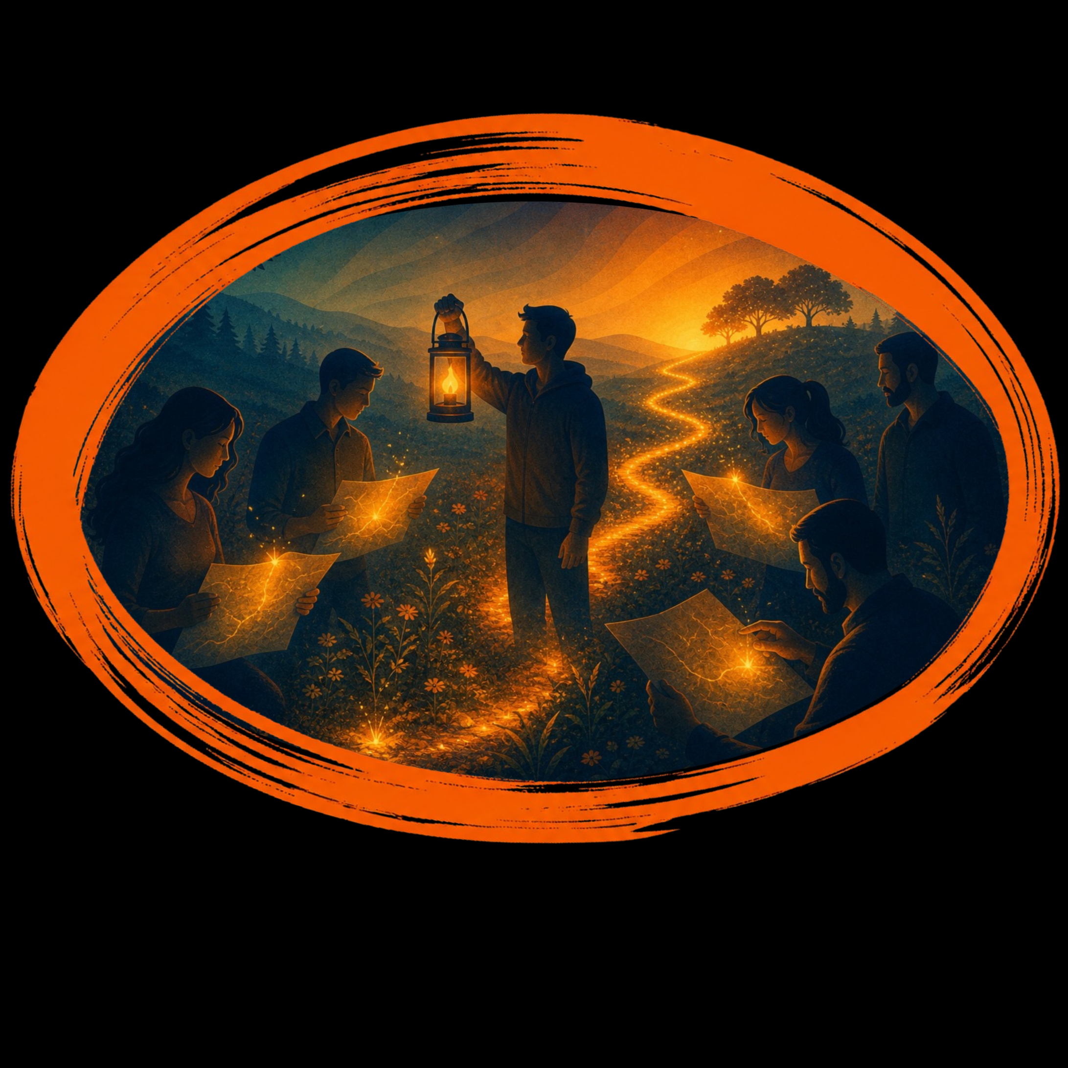 Illustration of people gathered outdoors at sunset, holding glowing maps, with a winding road, trees, and mountains in the background. One person holds a lantern.