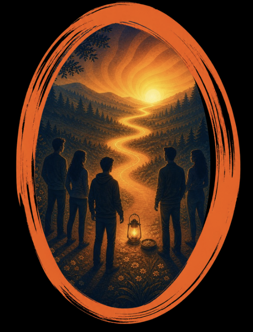Group coaching facilitation illustration - people gathered around a lantern representing community and meaning-based workshops