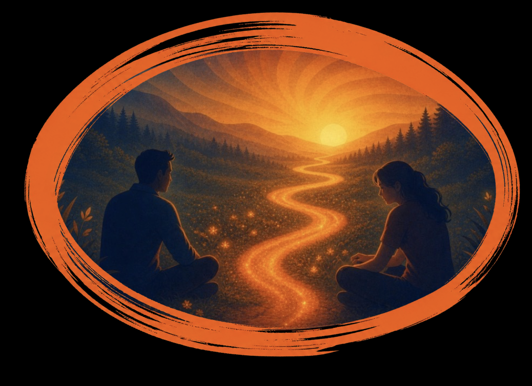 A digital illustration of a man and woman sitting cross-legged on a grassy field at sunset, facing each other with a glowing, winding path of light between them, surrounded by trees and mountains, with an orange brushstroke border.