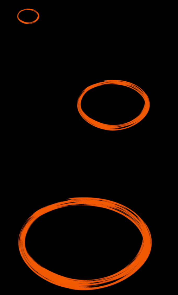 Three orange rings of different sizes on a black background, arranged vertically.