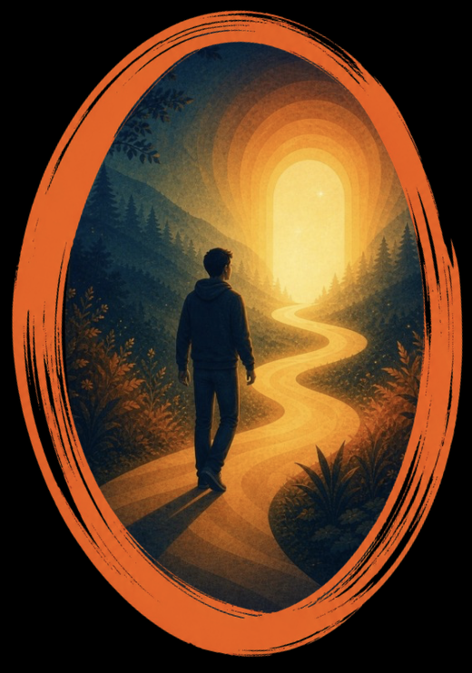 A person walking down a winding path through a forest towards a bright, glowing light at the end of a tunnel in a stylized digital artwork.