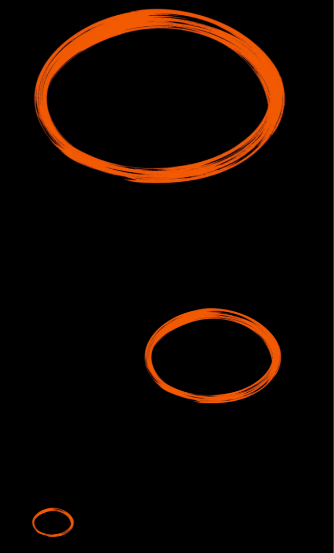 Three orange circular brush strokes on a black background, decreasing in size from top to bottom.