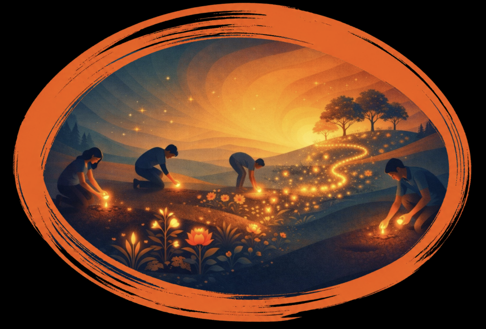 Children picking flowers at sunset, with glowing fireflies and a winding trail of light in a scenic landscape with trees and flowers.