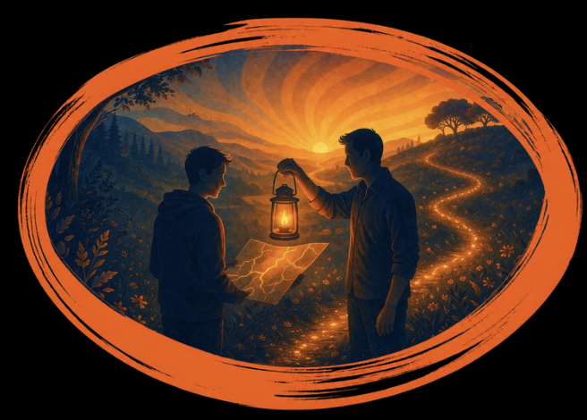 Logos Coaching brand illustration - silhouetted figures with lantern representing meaning and direction in life coaching