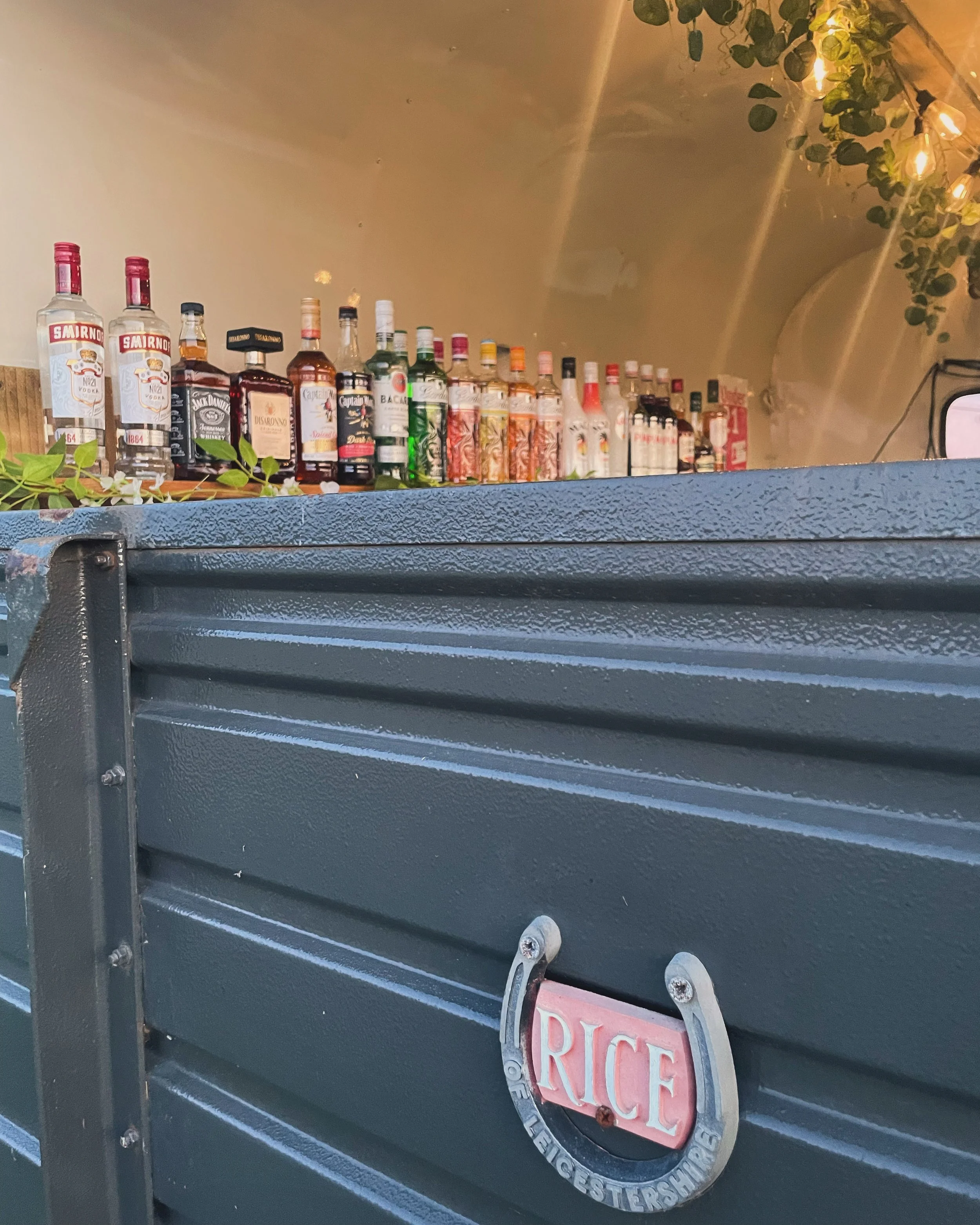 Bar with various liquor bottles on a shelf against a beige wall, with string lights and green plants hanging above. The foreground shows a blue metal bar or cart with a pink horseshoe-shaped sign labeled 'RICE' and 'BRISTOLFASHIONS'.