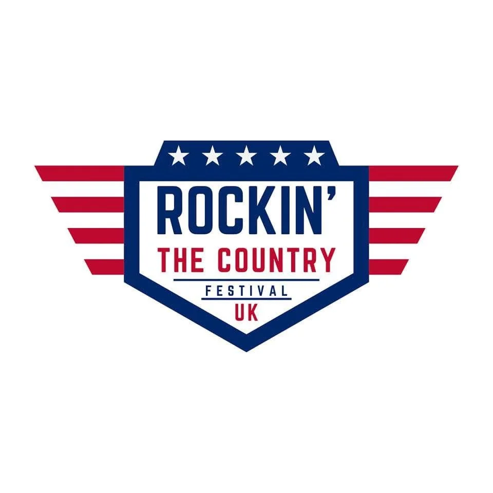 Logo for Rockin' the Country UK Festival with red and blue patriotic colors and stars.