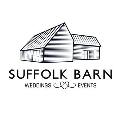 Line drawing of a barn with a steep roof, labeled Suffolk Barn, with text for weddings and events underneath.