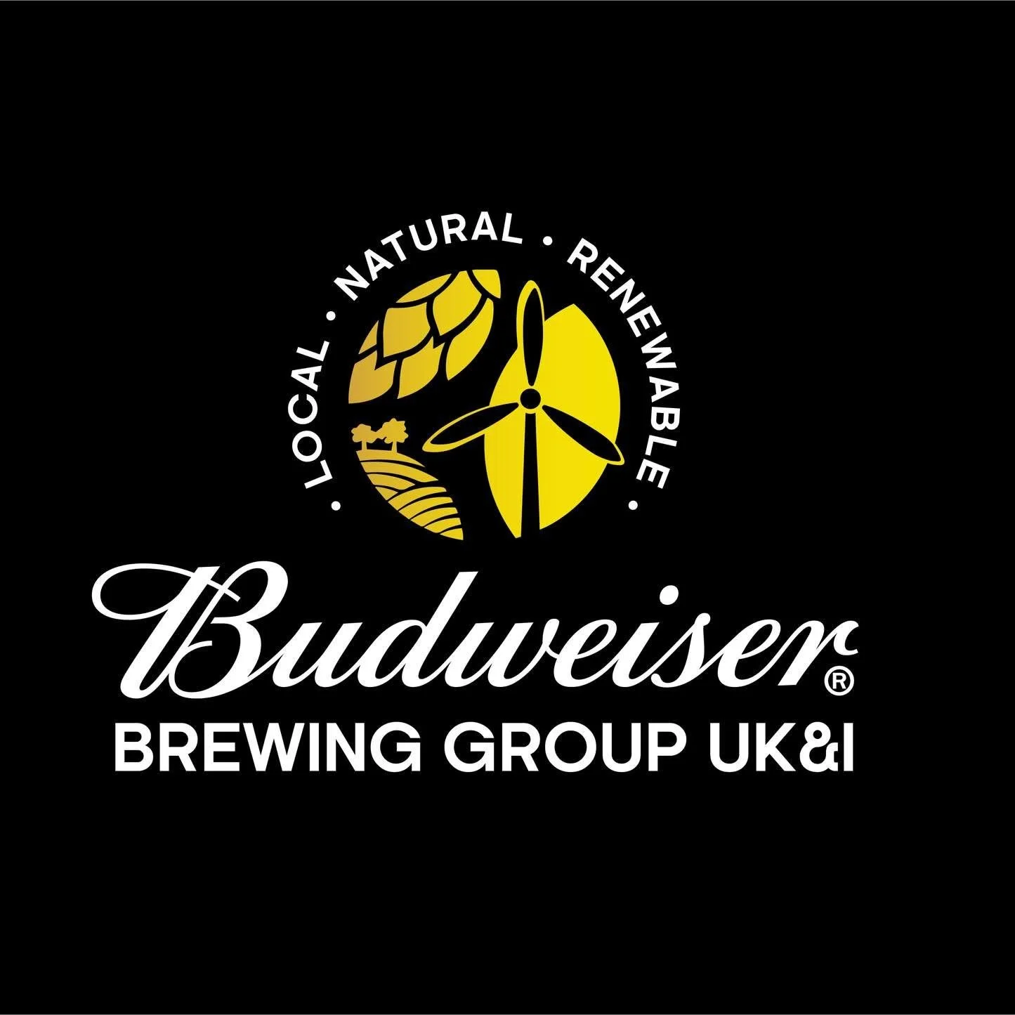 Logo of Budweiser Brewing Group UK&I featuring a wheat hop and wind turbine symbols, with text indicating it is a local, natural, renewable brand.
