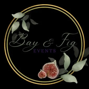 Black background with gold circular border, text reading 'Bag & Fig Events' in elegant script, and a graphic of a fig with leaves.