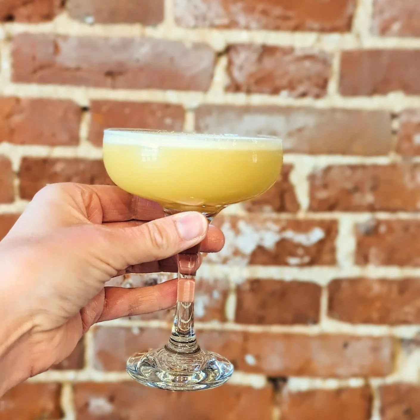 A hand holding a coupe glass filled with a yellow cocktail against a brick wall background.