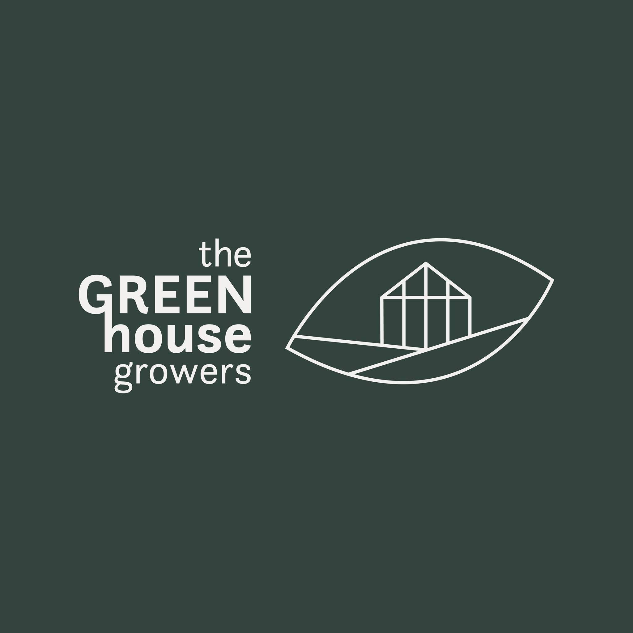 Logo with the text 'the GREEN house growers' and a line drawing of a greenhouse with leaves on a dark green background.
